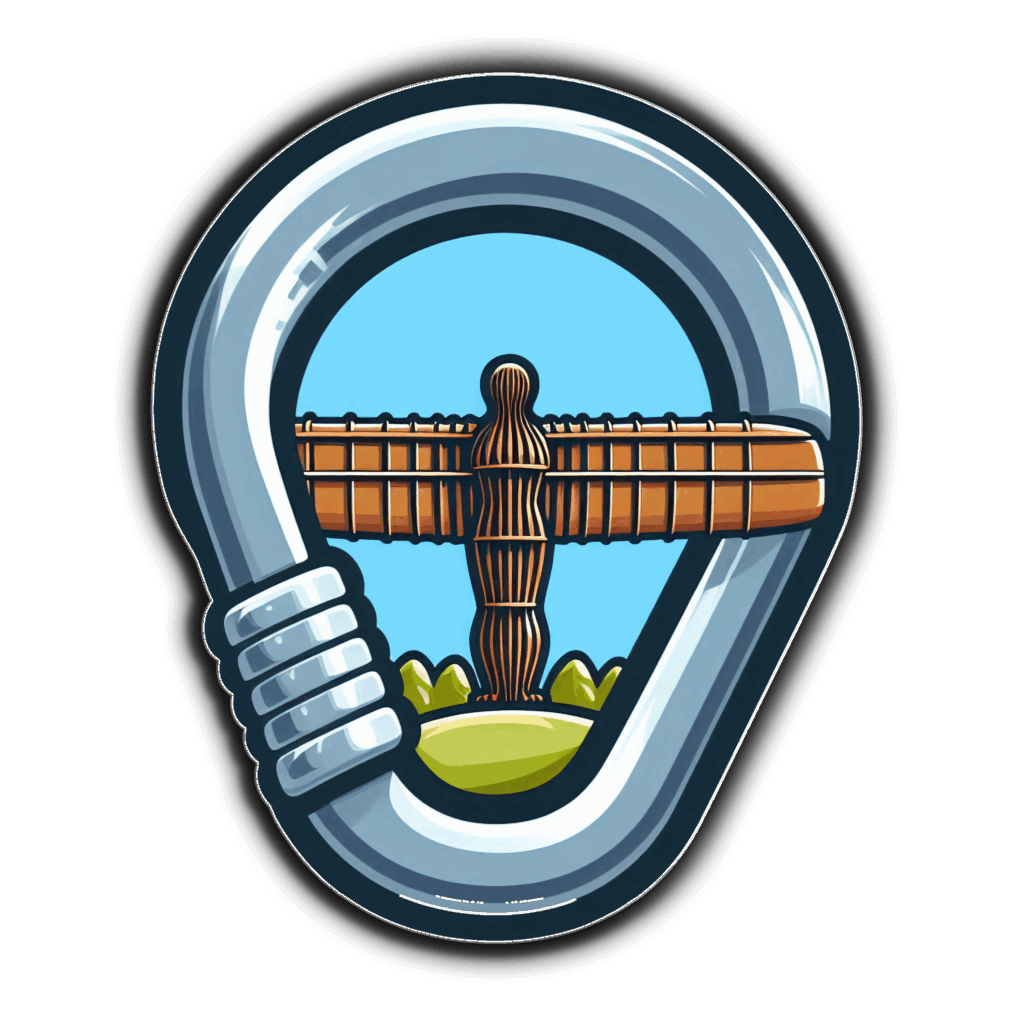 Cartoon Angel of the North inside a Carabiner.